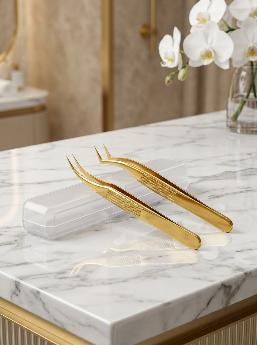 AXIVON Professional Gold-Tip Eyelash Extension Tweezers Set with Cases