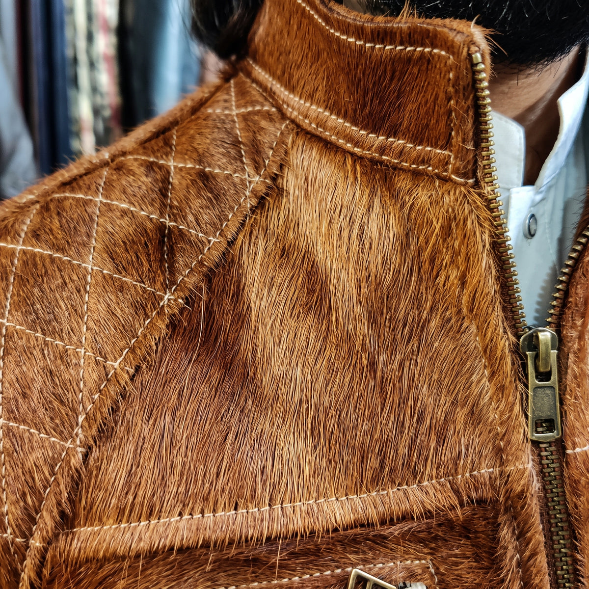 AXIVON Signature Hair-On Hide Moto Jacket - Amber Cognac