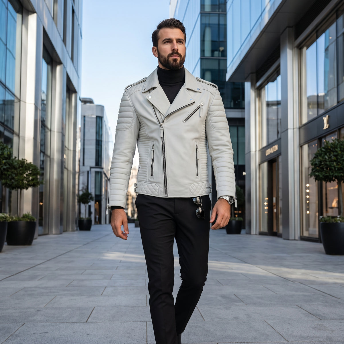 White Quilted Leather Biker Jacket