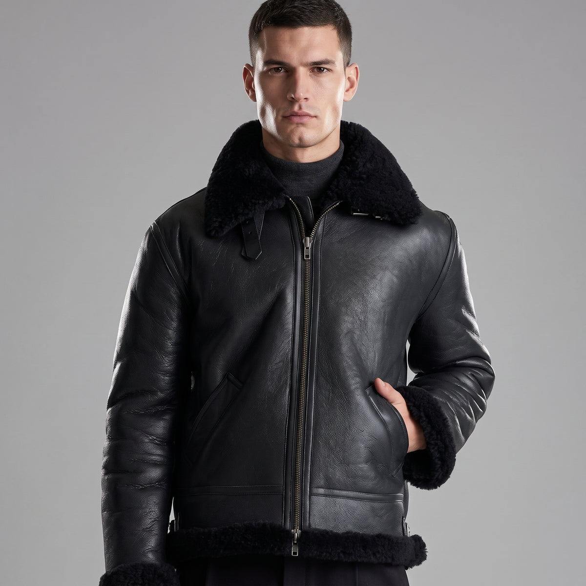 Men's Black Shearling Aviator Leather Jacket – Fur Lined Winter Bomber