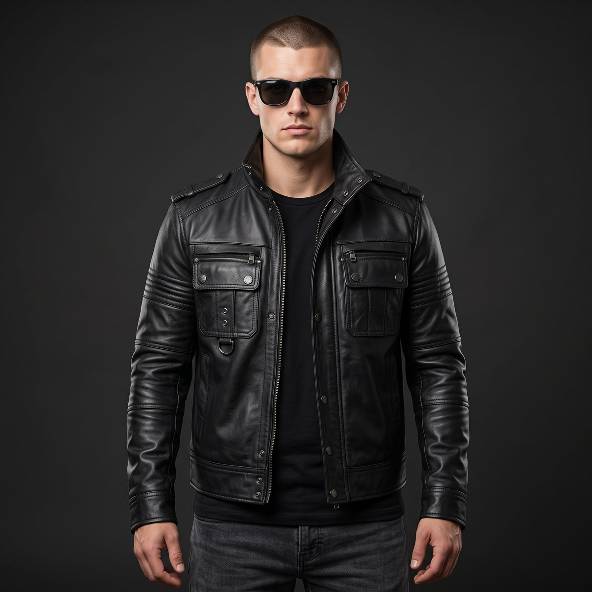 Black Leather Jacket Men – Tactical Multi-Pocket Biker Jacket