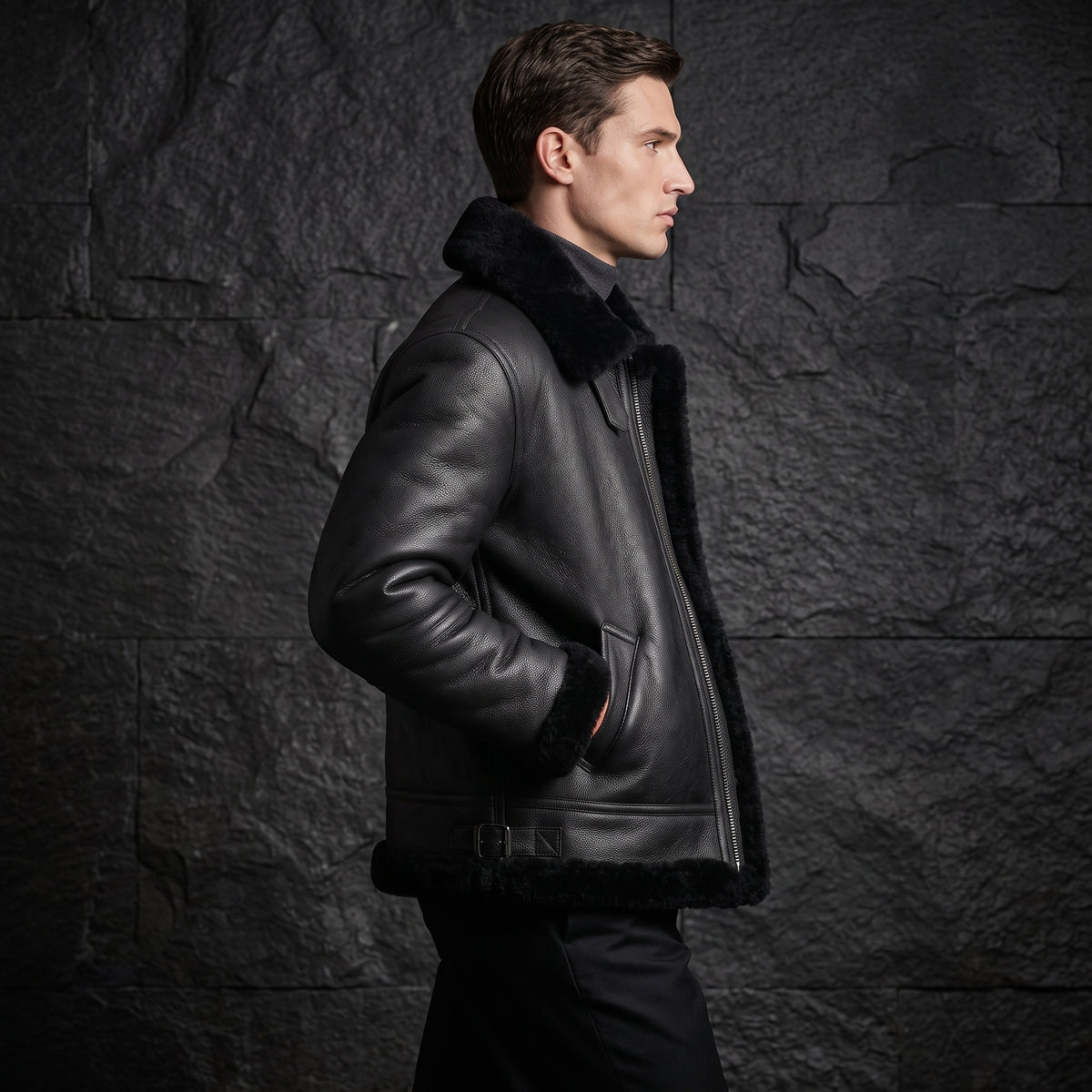 Men's Black Shearling Aviator Leather Jacket – Fur Lined Winter Bomber