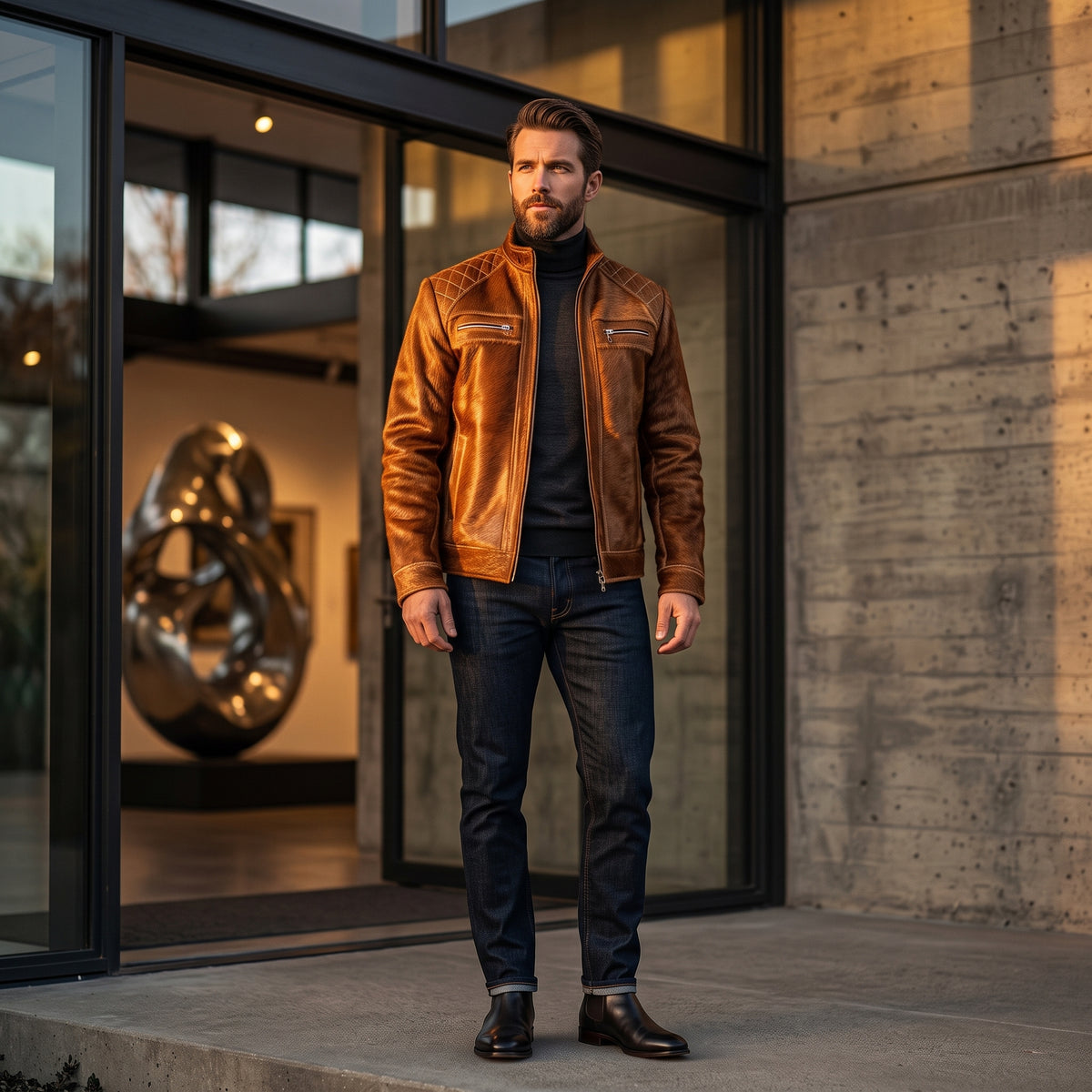 AXIVON Signature Hair-On Hide Moto Jacket - Amber Cognac