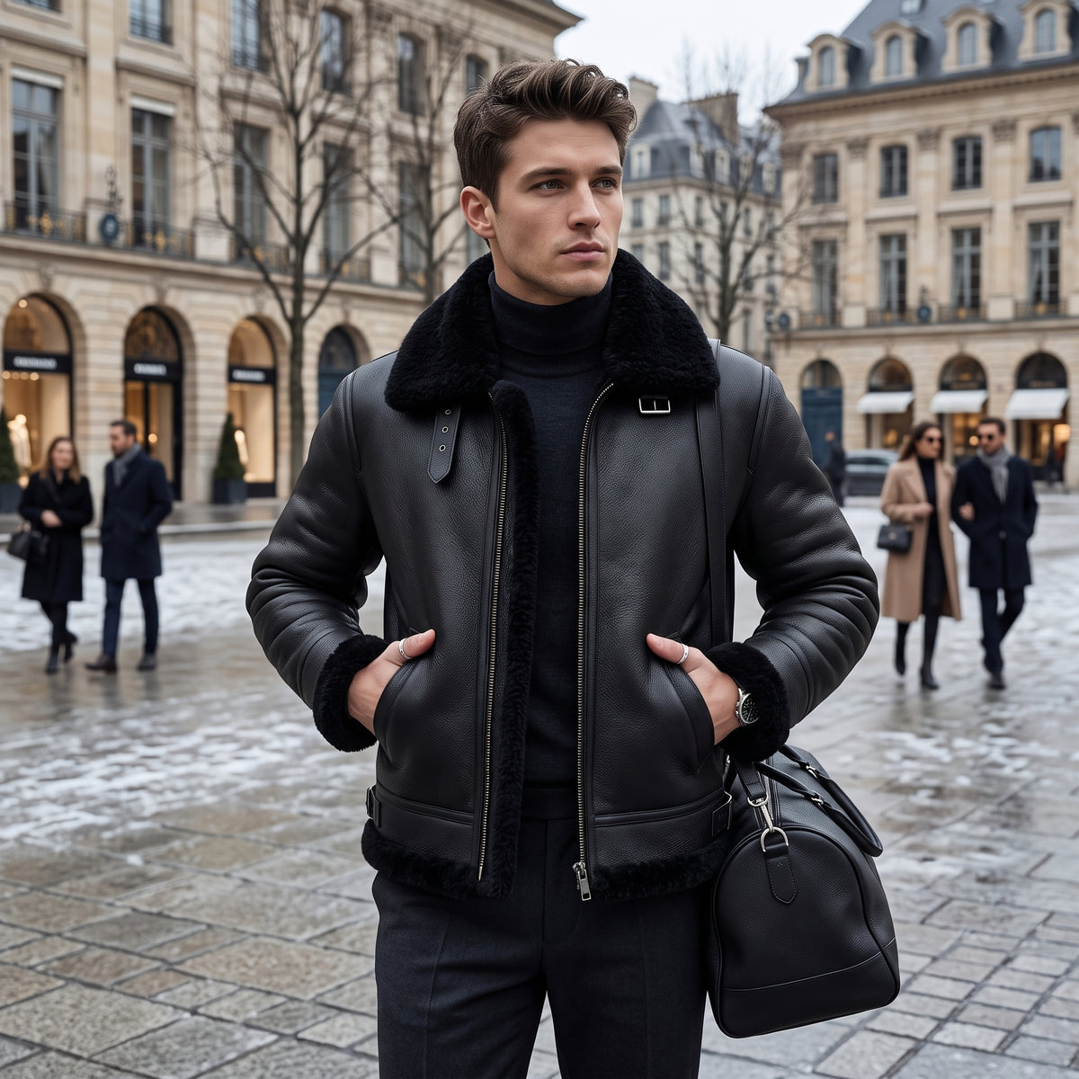 Men's Black Shearling Aviator Leather Jacket – Fur Lined Winter Bomber