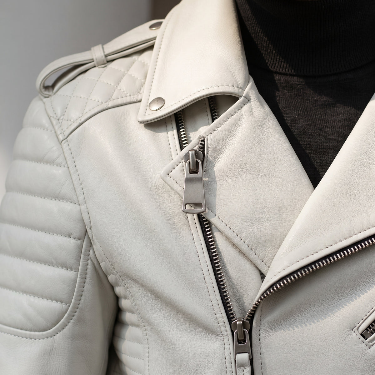 White Quilted Leather Biker Jacket