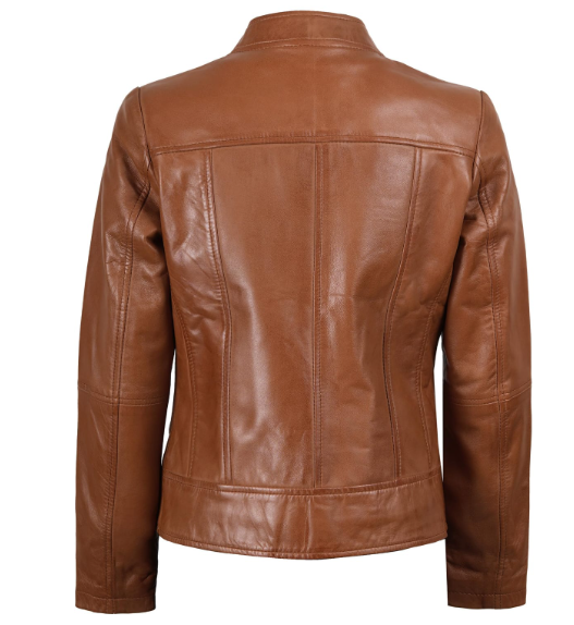 Women’s Premium Stand-Collar Leather Jacket – Rich Brown