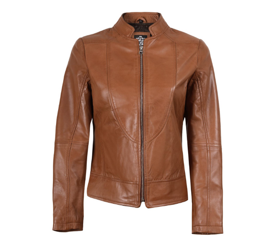 Women’s Premium Stand-Collar Leather Jacket – Rich Brown