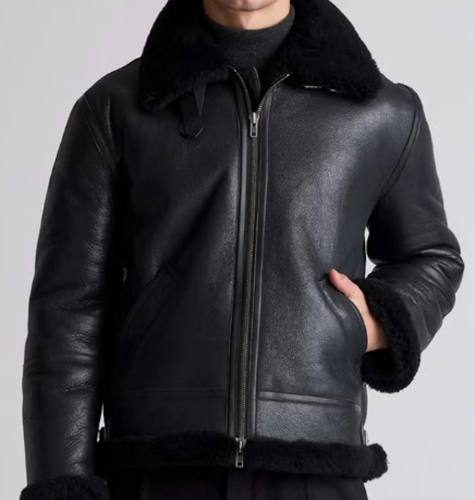 Men's Black Shearling Aviator Leather Jacket – Fur Lined Winter Bomber