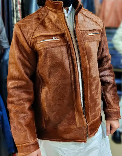 AXIVON Signature Hair-On Hide Moto Jacket - Amber Cognac