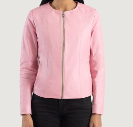 AXIVON Minimalist Collarless Leather Jacket - Blush Pink