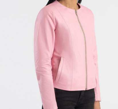 AXIVON Minimalist Collarless Leather Jacket - Blush Pink