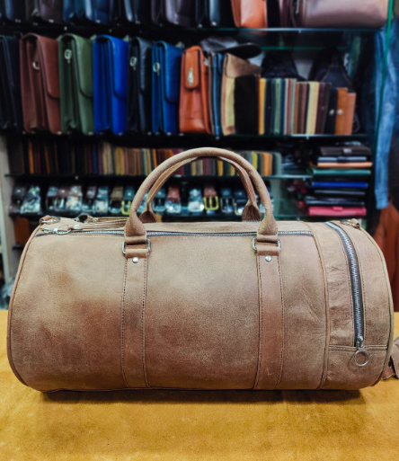 AXIVON Artisan Barrel Leather Duffel - Distressed Camel