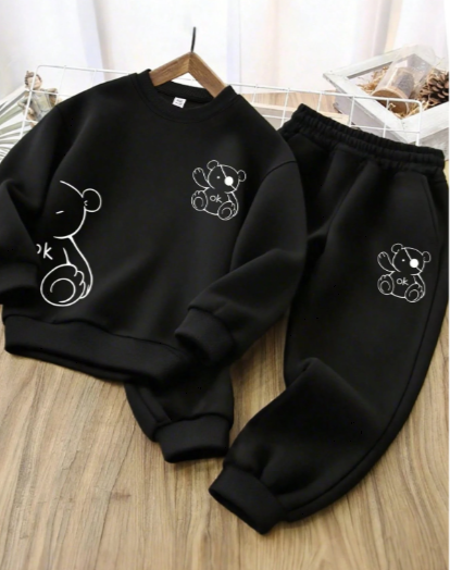 Kids' Black Teddy Bear Winter Tracksuit Set